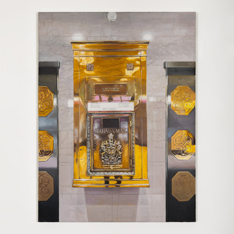 Joanne Tod Mailbox 2024 painting oil on linen canadian artist joanne tod feminist artist joanne tod canada post royal mail in canada canada mail mailbox gold old building toronto architecture toronto lobby gold painting collect canadian art buy canadian