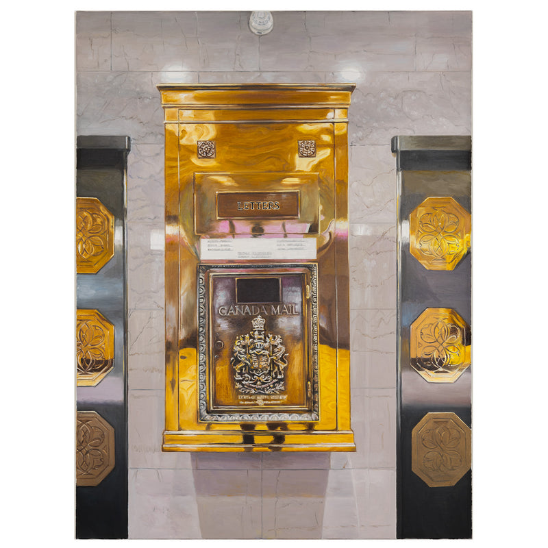 Joanne Tod Mailbox 2024 painting oil on linen canadian artist joanne tod feminist artist joanne tod canada post royal mail in canada canada mail mailbox gold old building toronto architecture toronto lobby gold painting collect canadian art buy canadian