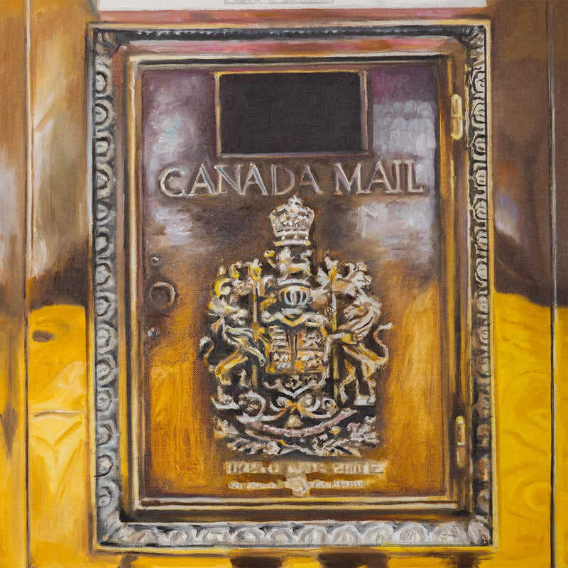 Joanne Tod Mailbox 2024 painting oil on linen canadian artist joanne tod feminist artist joanne tod canada post royal mail in canada canada mail mailbox gold old building toronto architecture toronto lobby gold painting collect canadian art buy canadian