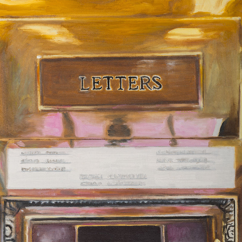 Joanne Tod Mailbox 2024 painting oil on linen canadian artist joanne tod feminist artist joanne tod canada post royal mail in canada canada mail mailbox gold old building toronto architecture toronto lobby gold painting collect canadian art buy canadian
