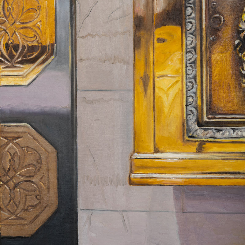 Joanne Tod Mailbox 2024 painting oil on linen canadian artist joanne tod feminist artist joanne tod canada post royal mail in canada canada mail mailbox gold old building toronto architecture toronto lobby gold painting collect canadian art buy canadian