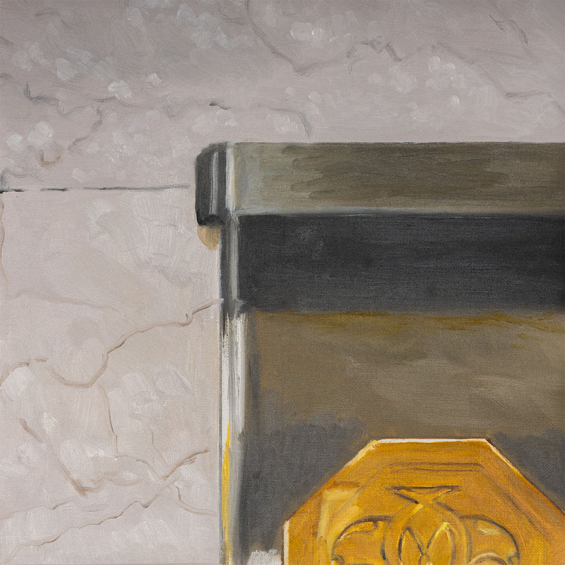 Joanne Tod Mailbox 2024 painting oil on linen canadian artist joanne tod feminist artist joanne tod canada post royal mail in canada canada mail mailbox gold old building toronto architecture toronto lobby gold painting collect canadian art buy canadian