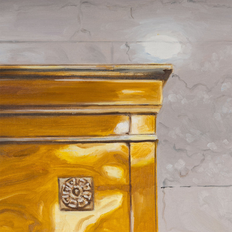 Joanne Tod Mailbox 2024 painting oil on linen canadian artist joanne tod feminist artist joanne tod canada post royal mail in canada canada mail mailbox gold old building toronto architecture toronto lobby gold painting collect canadian art buy canadian