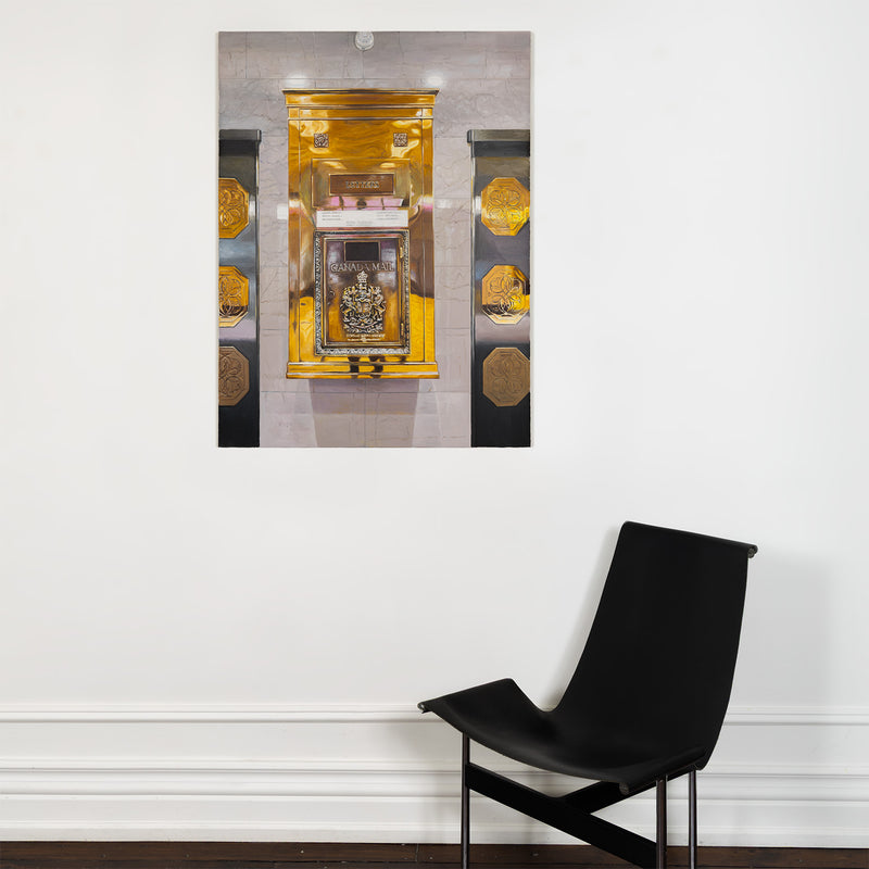 Joanne Tod Mailbox 2024 painting oil on linen canadian artist joanne tod feminist artist joanne tod canada post royal mail in canada canada mail mailbox gold old building toronto architecture toronto lobby gold painting collect canadian art buy canadian