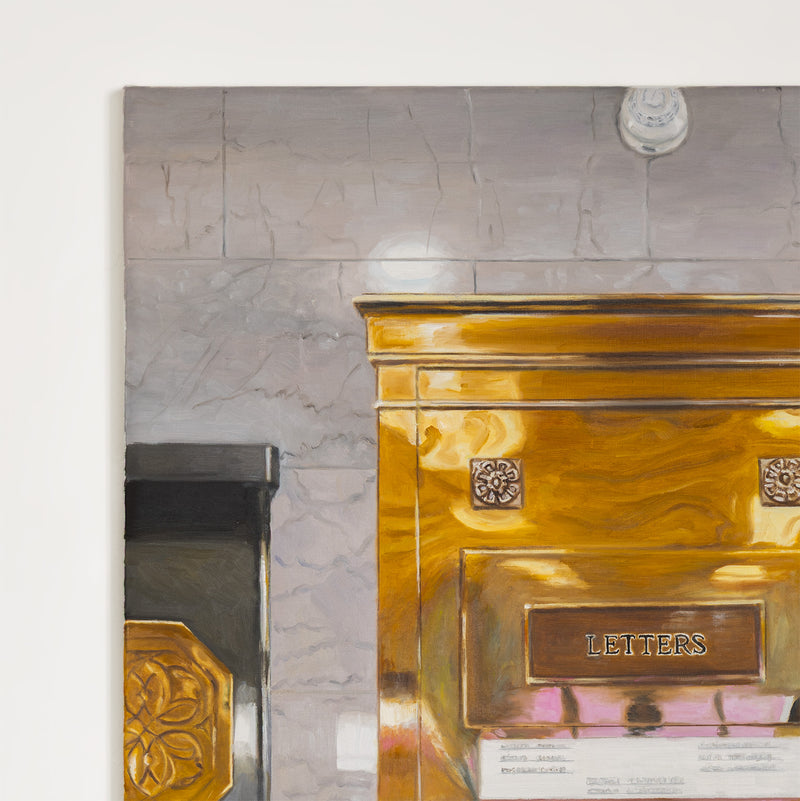 Joanne Tod Mailbox 2024 painting oil on linen canadian artist joanne tod feminist artist joanne tod canada post royal mail in canada canada mail mailbox gold old building toronto architecture toronto lobby gold painting collect canadian art buy canadian