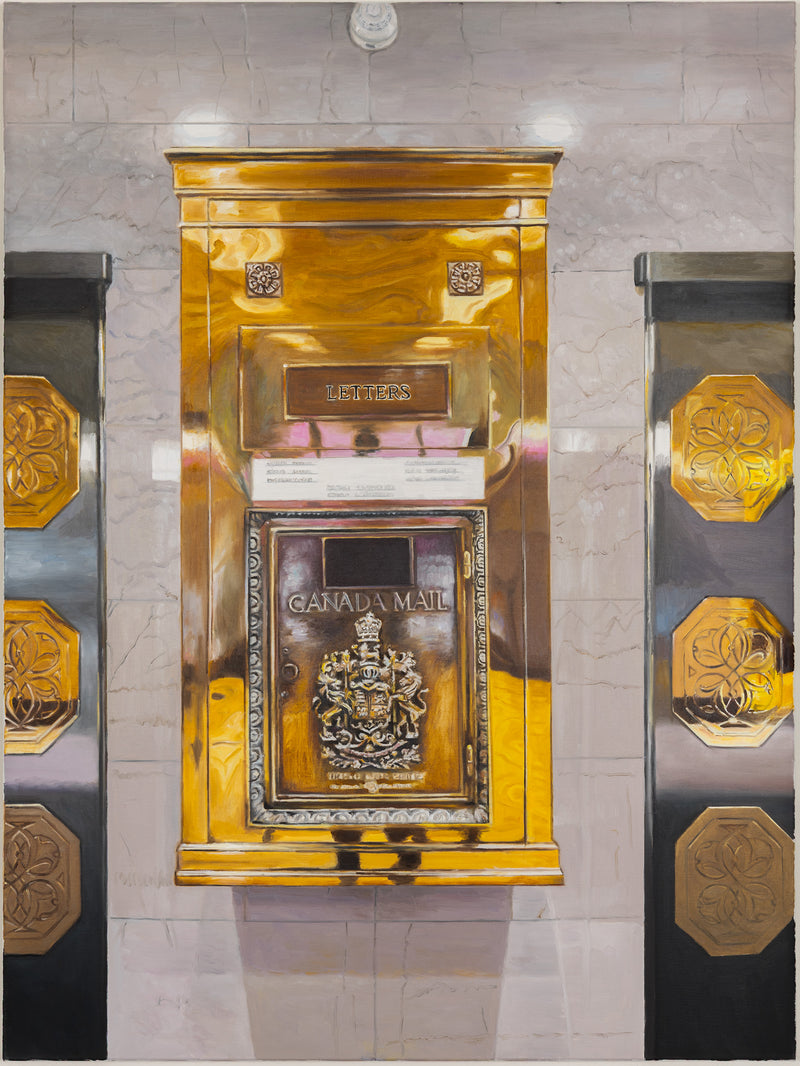 Joanne Tod Mailbox 2024 painting oil on linen canadian artist joanne tod feminist artist joanne tod canada post royal mail in canada canada mail mailbox gold old building toronto architecture toronto lobby gold painting collect canadian art buy canadian