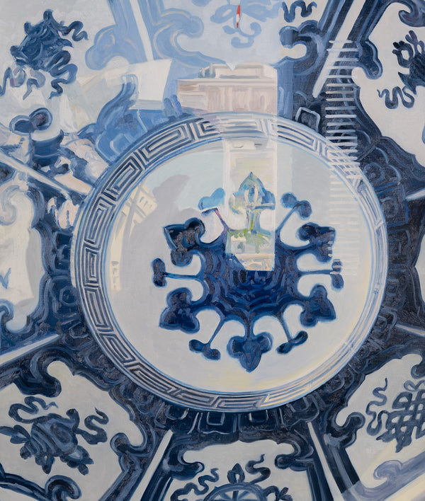 Joanne Tod Oculus II oculus 2 2012 oil on linen oil painting canadian artist joanne tod woman artist joanne tod joanne tod kingdom come joanne tod at the gardiner museum joanne tod invited invasion 2012 joanne tod ceramic painting china painting blue and white vase museum vitrine reflection institutional critique  