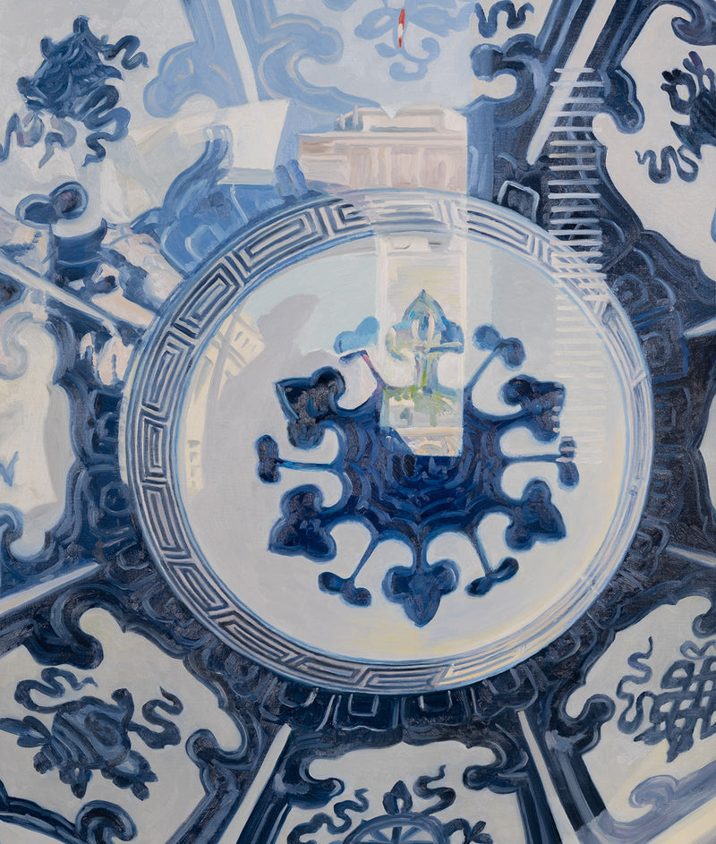 Joanne Tod Oculus II oculus 2 2012 oil on linen oil painting canadian artist joanne tod woman artist joanne tod joanne tod kingdom come joanne tod at the gardiner museum joanne tod invited invasion 2012 joanne tod ceramic painting china painting blue and white vase museum vitrine reflection institutional critique  