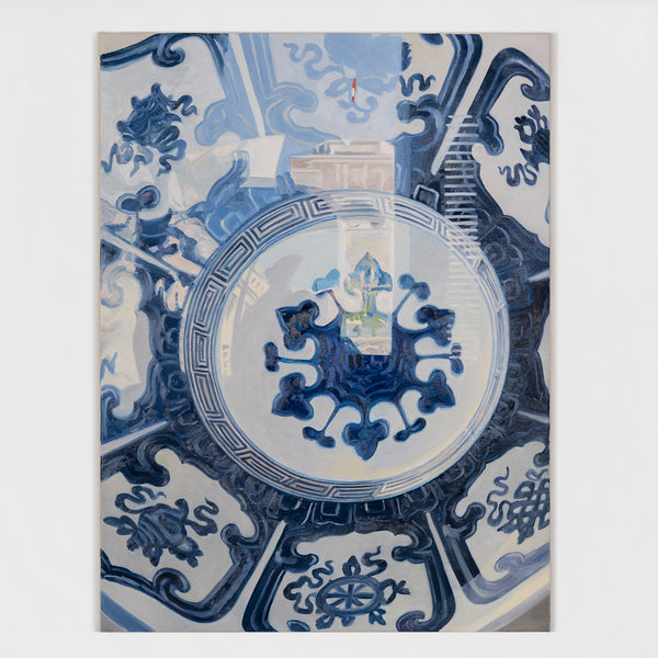 Joanne Tod Oculus II oculus 2 2012 oil on linen oil painting canadian artist joanne tod woman artist joanne tod joanne tod kingdom come joanne tod at the gardiner museum joanne tod invited invasion 2012 joanne tod ceramic painting china painting blue and white vase museum vitrine reflection institutional critique  