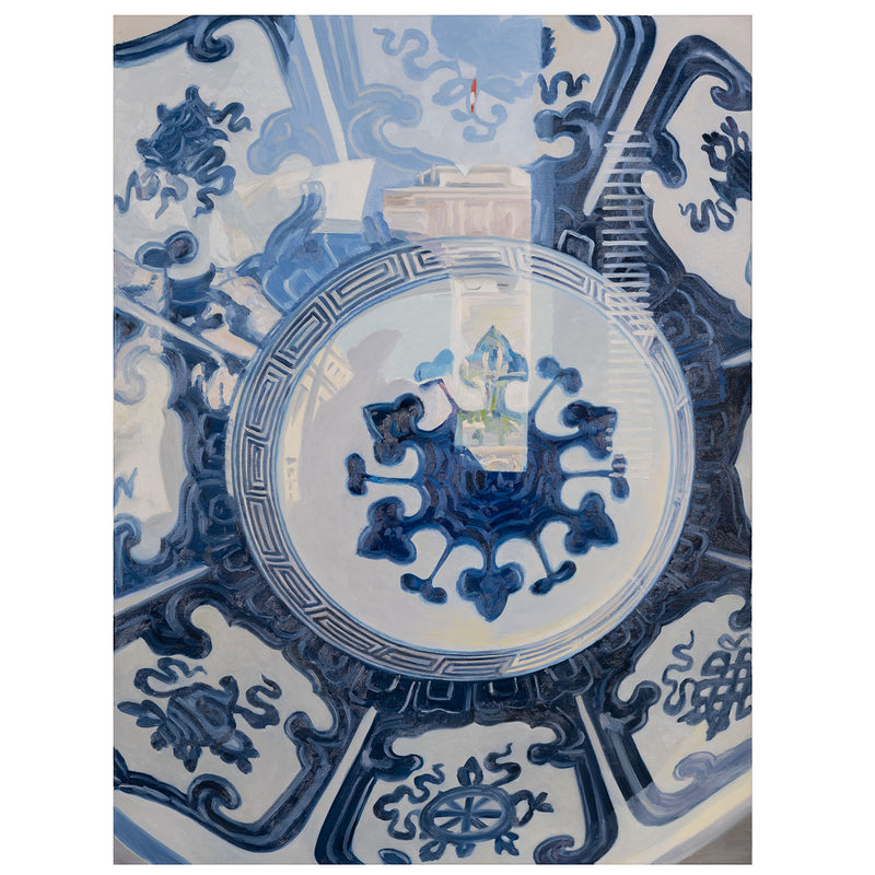 Joanne Tod Oculus II oculus 2 2012 oil on linen oil painting canadian artist joanne tod woman artist joanne tod joanne tod kingdom come joanne tod at the gardiner museum joanne tod invited invasion 2012 joanne tod ceramic painting china painting blue and white vase museum vitrine reflection institutional critique  
