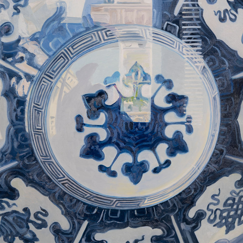Joanne Tod Oculus II oculus 2 2012 oil on linen oil painting canadian artist joanne tod woman artist joanne tod joanne tod kingdom come joanne tod at the gardiner museum joanne tod invited invasion 2012 joanne tod ceramic painting china painting blue and white vase museum vitrine reflection institutional critique  
