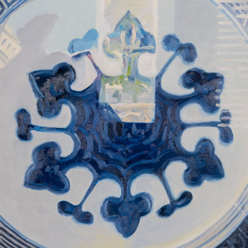 Joanne Tod Oculus II oculus 2 2012 oil on linen oil painting canadian artist joanne tod woman artist joanne tod joanne tod kingdom come joanne tod at the gardiner museum joanne tod invited invasion 2012 joanne tod ceramic painting china painting blue and white vase museum vitrine reflection institutional critique  