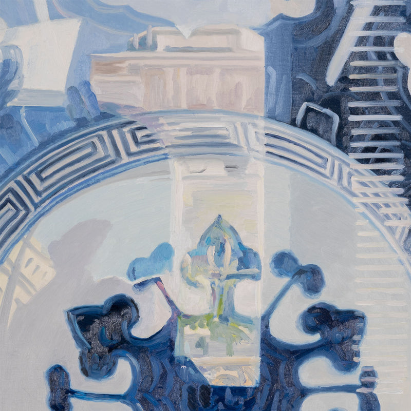 Joanne Tod Oculus II oculus 2 2012 oil on linen oil painting canadian artist joanne tod woman artist joanne tod joanne tod kingdom come joanne tod at the gardiner museum joanne tod invited invasion 2012 joanne tod ceramic painting china painting blue and white vase museum vitrine reflection institutional critique  