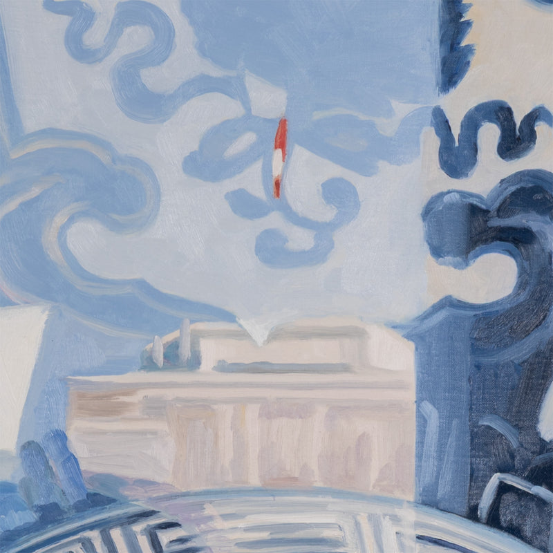 Joanne Tod Oculus II oculus 2 2012 oil on linen oil painting canadian artist joanne tod woman artist joanne tod joanne tod kingdom come joanne tod at the gardiner museum joanne tod invited invasion 2012 joanne tod ceramic painting china painting blue and white vase museum vitrine reflection institutional critique  