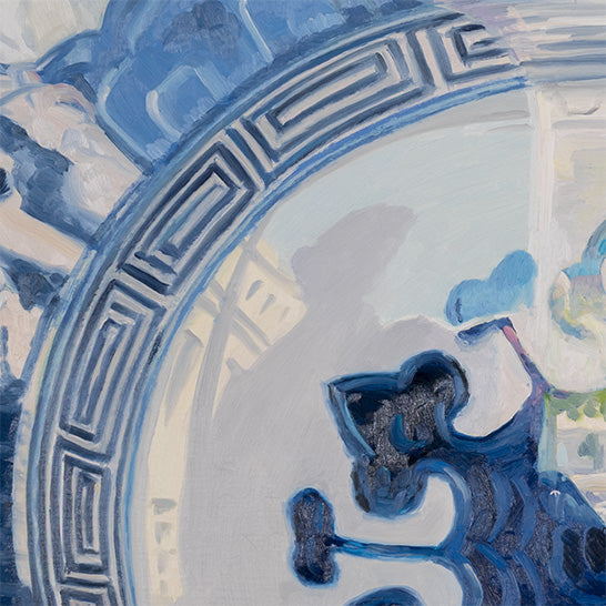 Joanne Tod Oculus II oculus 2 2012 oil on linen oil painting canadian artist joanne tod woman artist joanne tod joanne tod kingdom come joanne tod at the gardiner museum joanne tod invited invasion 2012 joanne tod ceramic painting china painting blue and white vase museum vitrine reflection institutional critique  