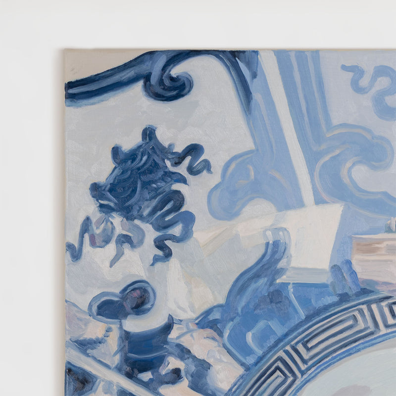 Joanne Tod Oculus II oculus 2 2012 oil on linen oil painting canadian artist joanne tod woman artist joanne tod joanne tod kingdom come joanne tod at the gardiner museum joanne tod invited invasion 2012 joanne tod ceramic painting china painting blue and white vase museum vitrine reflection institutional critique  