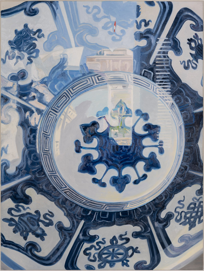 Joanne Tod Oculus II oculus 2 2012 oil on linen oil painting canadian artist joanne tod woman artist joanne tod joanne tod kingdom come joanne tod at the gardiner museum joanne tod invited invasion 2012 joanne tod ceramic painting china painting blue and white vase museum vitrine reflection institutional critique  