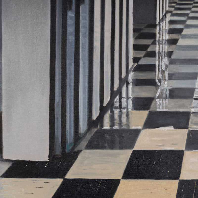 joanne tod 1 spadina corridor painting 2023 Daniels Architecture U of T university of toronto architecture 1 spadina crescent, toronto, ON iconic toronto buildings deep space realism painting oil on linen canadian artist collect canadian art buy canadian art joanne tod teacher