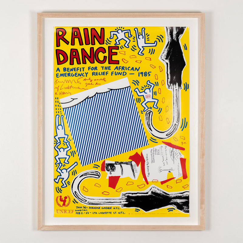 rain dance UNICEF keith haring fundraser roy lichenstein andy warhol yoko ono jean-michel basquiat poster a benefit for the african emergency relief fund 1985 american art iconic famous artists fun bright colors multiple
