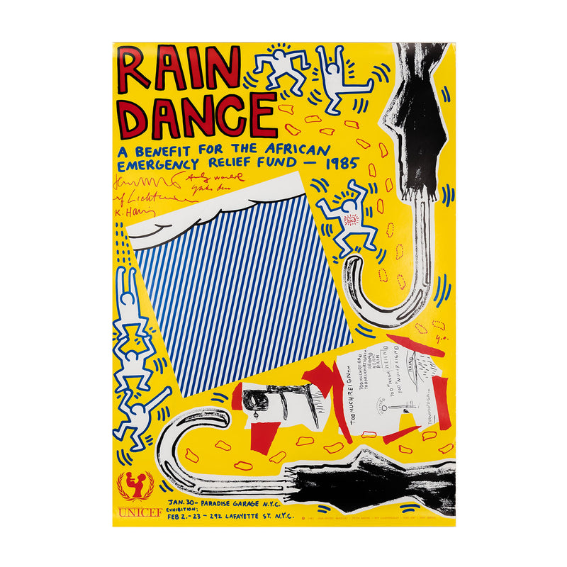 rain dance UNICEF keith haring fundraser roy lichenstein andy warhol yoko ono jean-michel basquiat poster a benefit for the african emergency relief fund 1985 american art iconic famous artists fun bright colors multiple