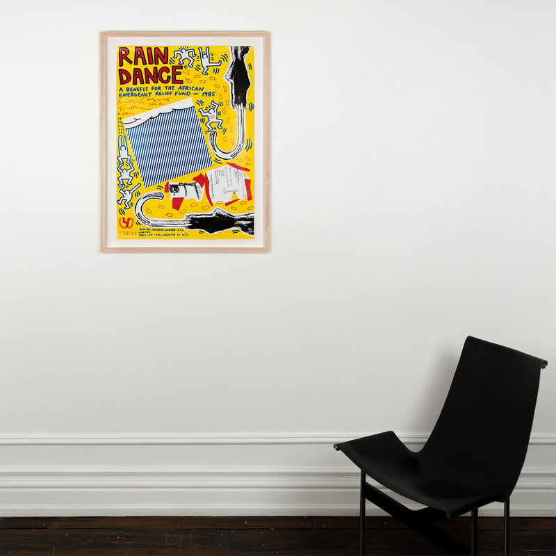 rain dance UNICEF keith haring fundraser roy lichenstein andy warhol yoko ono jean-michel basquiat poster a benefit for the african emergency relief fund 1985 american art iconic famous artists fun bright colors multiple NYC New York City framed