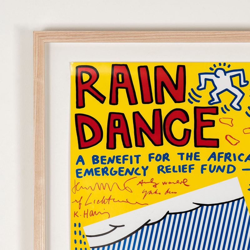 rain dance UNICEF keith haring fundraser roy lichenstein andy warhol yoko ono jean-michel basquiat poster a benefit for the african emergency relief fund 1985 american art iconic famous artists fun bright colors multiple NYC New York City framed