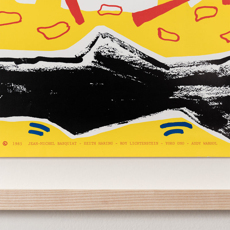rain dance UNICEF keith haring fundraser roy lichenstein andy warhol yoko ono jean-michel basquiat poster a benefit for the african emergency relief fund 1985 american art iconic famous artists fun bright colors multiple NYC New York City framed
