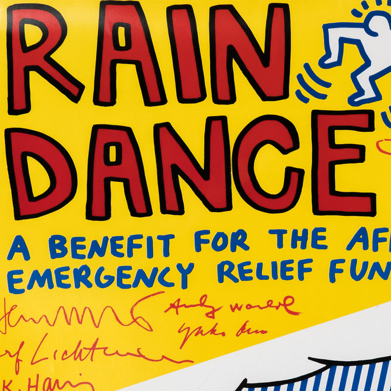 rain dance UNICEF keith haring fundraser roy lichenstein andy warhol yoko ono jean-michel basquiat poster a benefit for the african emergency relief fund 1985 american art iconic famous artists fun bright colors multiple NYC New York City framed