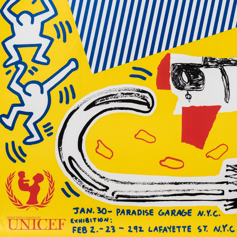 rain dance UNICEF keith haring fundraser roy lichenstein andy warhol yoko ono jean-michel basquiat poster a benefit for the african emergency relief fund 1985 american art iconic famous artists fun bright colors multiple NYC New York City framed