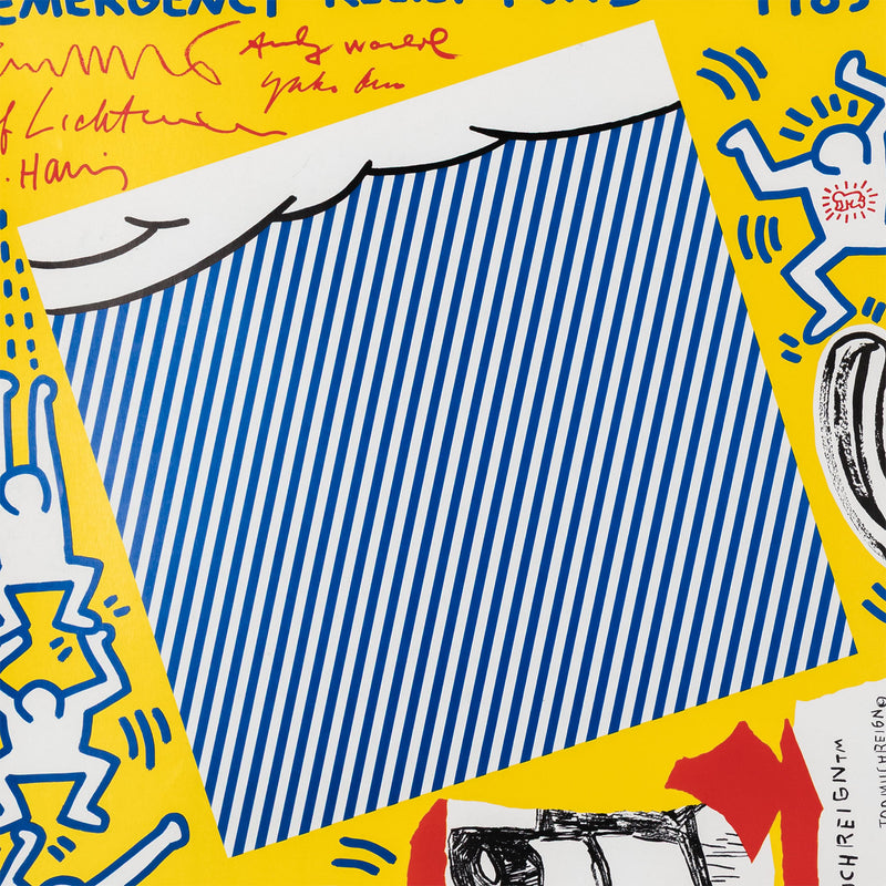 rain dance UNICEF keith haring fundraser roy lichenstein andy warhol yoko ono jean-michel basquiat poster a benefit for the african emergency relief fund 1985 american art iconic famous artists fun bright colors multiple NYC New York City framed