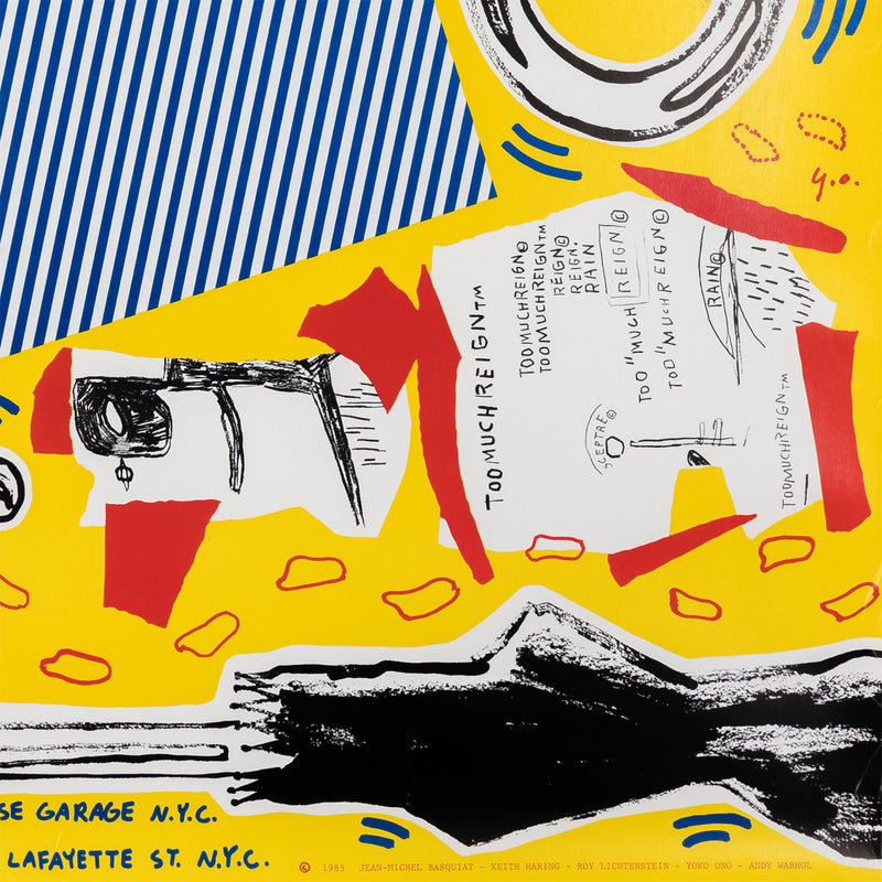 rain dance UNICEF keith haring fundraser roy lichenstein andy warhol yoko ono jean-michel basquiat poster a benefit for the african emergency relief fund 1985 american art iconic famous artists fun bright colors multiple NYC New York City framed