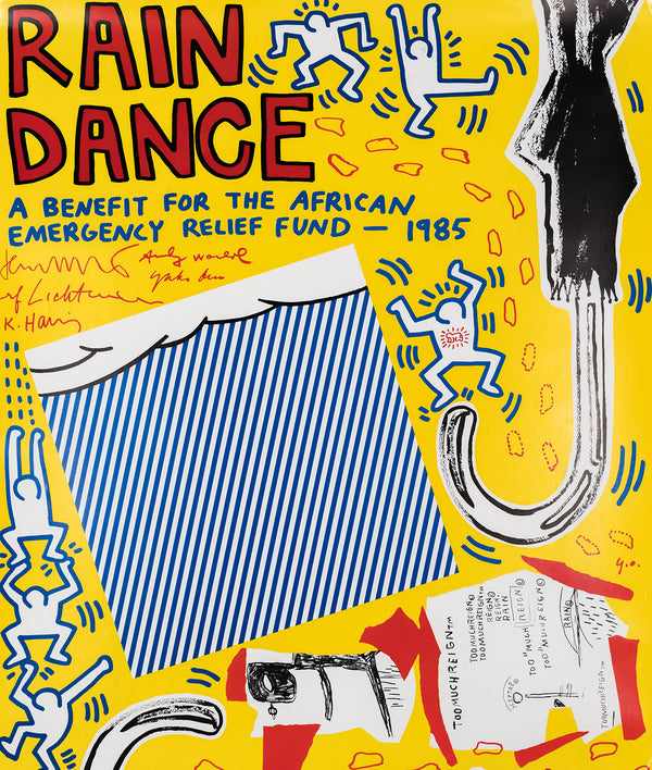 rain dance UNICEF keith haring fundraser roy lichenstein andy warhol yoko ono jean-michel basquiat poster a benefit for the african emergency relief fund 1985 american art iconic famous artists fun bright colors multiple
