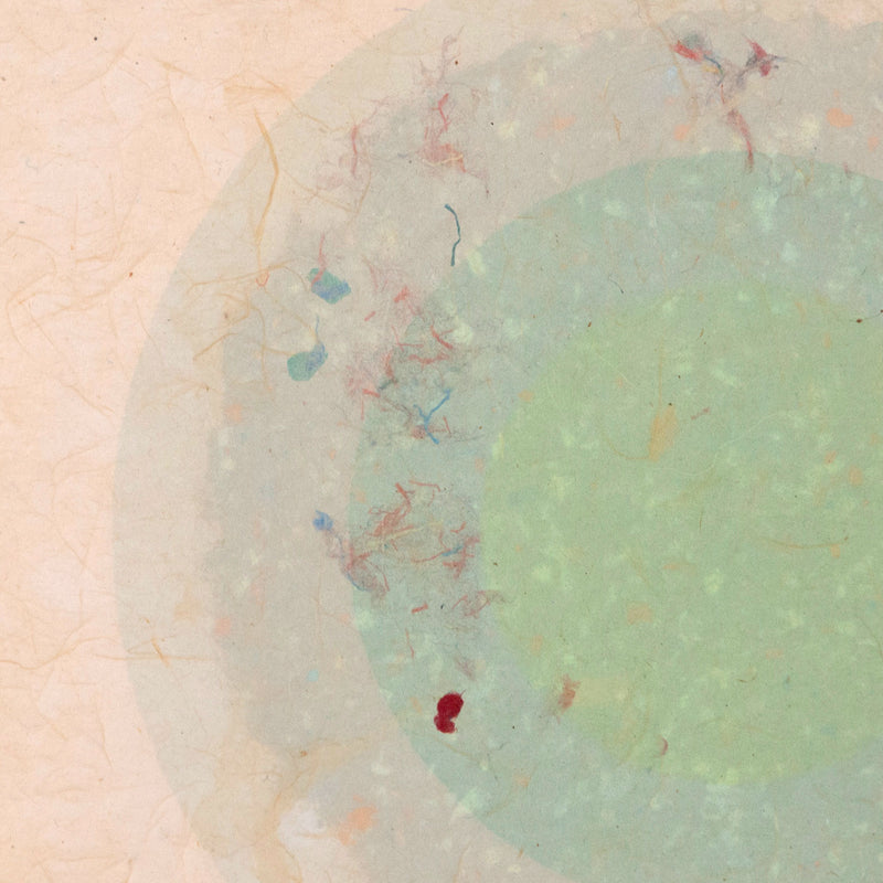 Kenneth Noland. "Circle Series I-35"  USA, 1978  Signed and dated 78 by the artist. The work is composed of five layers of colored pulp with elements of lithography printing. The vibrant celadon green in the center creates a glowing orb against the vanila background. The result is both alluring and hypnotic.