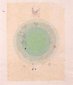 Kenneth Noland. "Circle Series I-35"  USA, 1978  Signed and dated 78 by the artist. The work is composed of five layers of colored pulp with elements of lithography printing. The vibrant celadon green in the center creates a glowing orb against the vanila background. The result is both alluring and hypnotic.