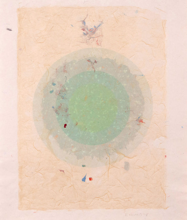 Kenneth Noland. "Circle Series I-35"  USA, 1978  Signed and dated 78 by the artist. The work is composed of five layers of colored pulp with elements of lithography printing. The vibrant celadon green in the center creates a glowing orb against the vanila background. The result is both alluring and hypnotic.