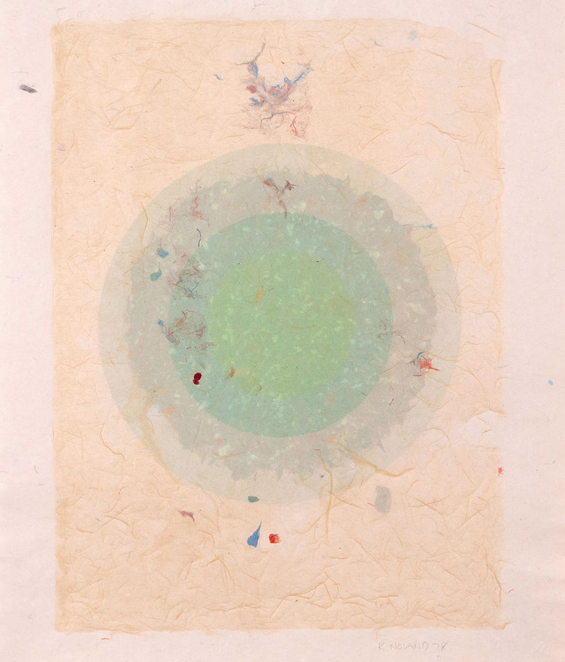 Kenneth Noland. "Circle Series I-35"  USA, 1978  Signed and dated 78 by the artist. The work is composed of five layers of colored pulp with elements of lithography printing. The vibrant celadon green in the center creates a glowing orb against the vanila background. The result is both alluring and hypnotic.