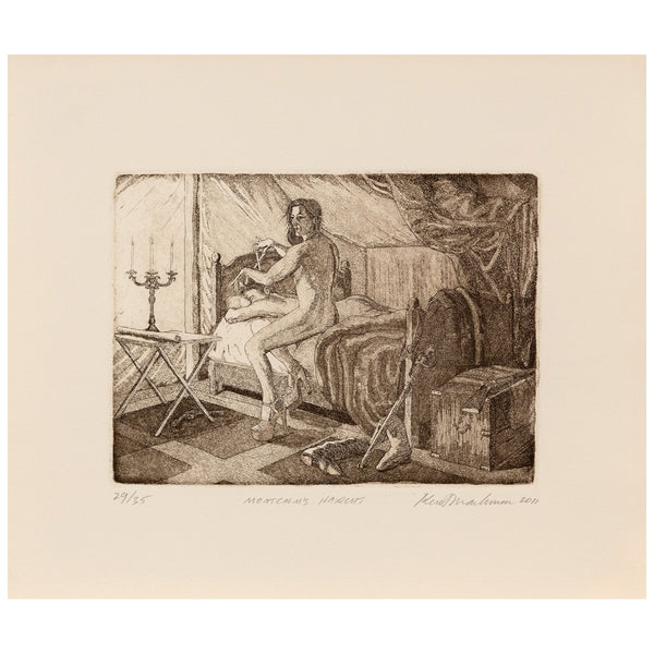 Kent Monkman "Montcalm's Haircut" Canada, 2011. Etching and aquatint on paper. The piece showcases Monkman's iconic alter ego, Miss Chief Eagle Testicle, stealthily trimming General Montcalm's hair as lies naked, fast asleep. Perched on the edge of the bed, Miss Chief meets the viewer's gaze with brazen confidence, despite being caught in the act.