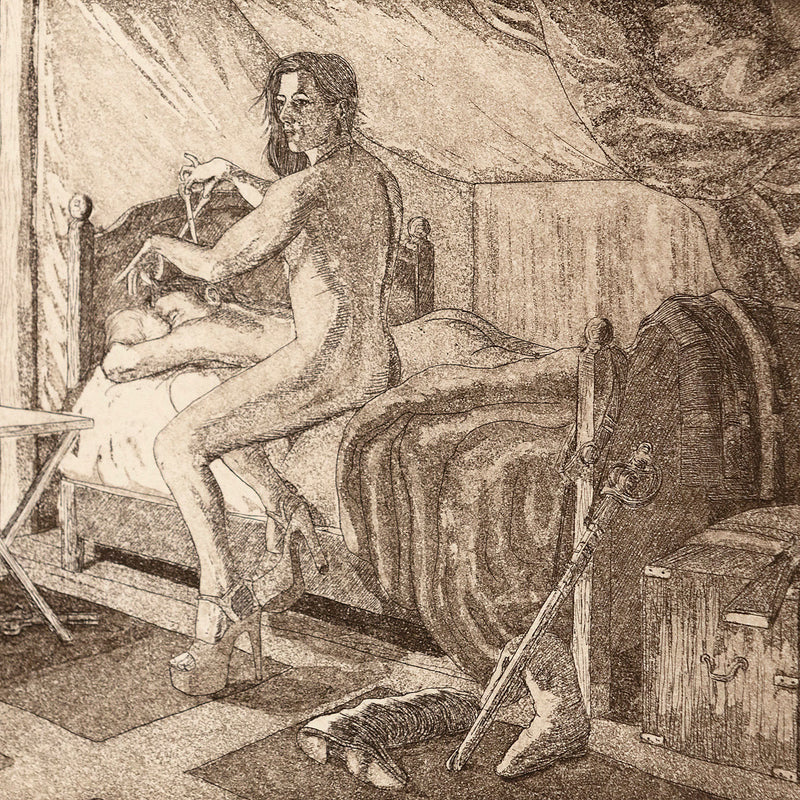 Kent Monkman "Montcalm's Haircut" Canada, 2011. Etching and aquatint on paper. The piece showcases Monkman's iconic alter ego, Miss Chief Eagle Testicle, stealthily trimming General Montcalm's hair as lies naked, fast asleep. Perched on the edge of the bed, Miss Chief meets the viewer's gaze with brazen confidence, despite being caught in the act.