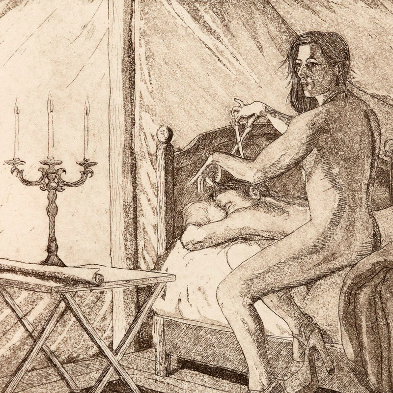 Kent Monkman "Montcalm's Haircut" Canada, 2011. Etching and aquatint on paper. The piece showcases Monkman's iconic alter ego, Miss Chief Eagle Testicle, stealthily trimming General Montcalm's hair as lies naked, fast asleep. Perched on the edge of the bed, Miss Chief meets the viewer's gaze with brazen confidence, despite being caught in the act.
