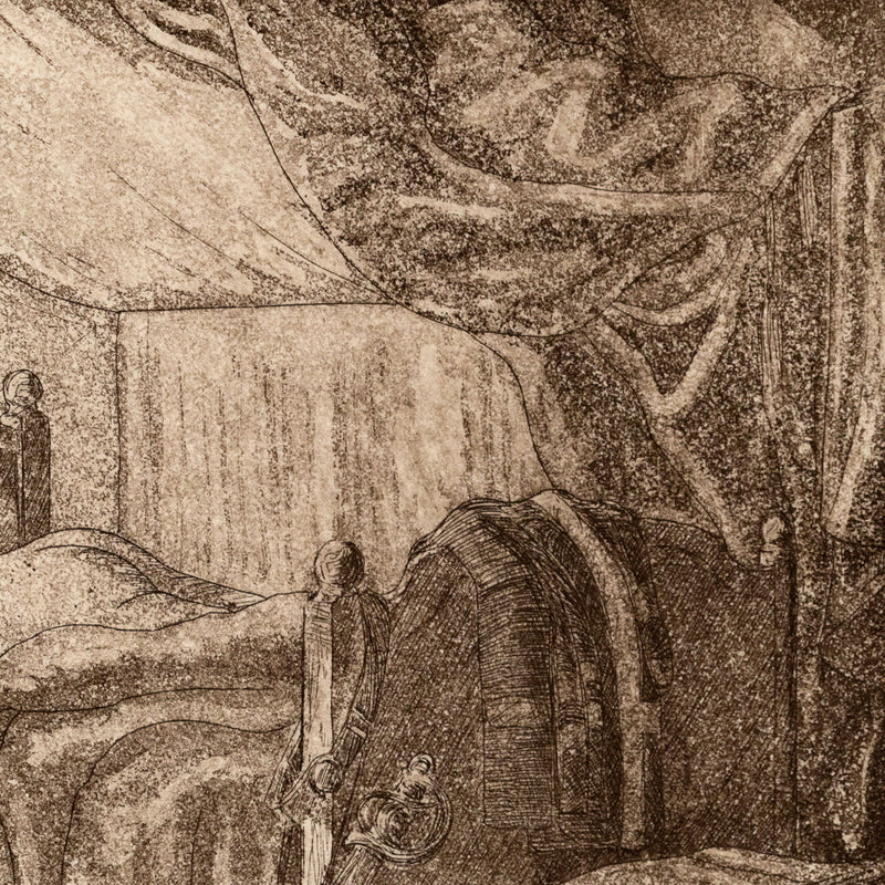 Kent Monkman "Montcalm's Haircut" Canada, 2011. Etching and aquatint on paper. The piece showcases Monkman's iconic alter ego, Miss Chief Eagle Testicle, stealthily trimming General Montcalm's hair as lies naked, fast asleep. Perched on the edge of the bed, Miss Chief meets the viewer's gaze with brazen confidence, despite being caught in the act.