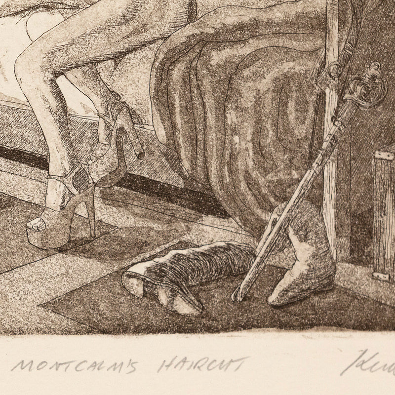 Kent Monkman "Montcalm's Haircut" Canada, 2011. Etching and aquatint on paper. The piece showcases Monkman's iconic alter ego, Miss Chief Eagle Testicle, stealthily trimming General Montcalm's hair as lies naked, fast asleep. Perched on the edge of the bed, Miss Chief meets the viewer's gaze with brazen confidence, despite being caught in the act.