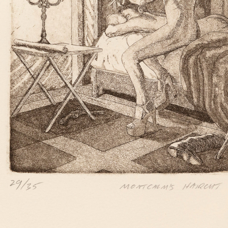 Kent Monkman "Montcalm's Haircut" Canada, 2011. Etching and aquatint on paper. The piece showcases Monkman's iconic alter ego, Miss Chief Eagle Testicle, stealthily trimming General Montcalm's hair as lies naked, fast asleep. Perched on the edge of the bed, Miss Chief meets the viewer's gaze with brazen confidence, despite being caught in the act.