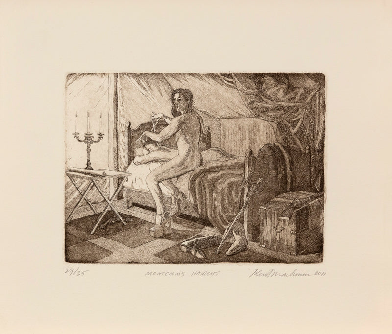 Kent Monkman "Montcalm's Haircut" Canada, 2011. Etching and aquatint on paper. The piece showcases Monkman's iconic alter ego, Miss Chief Eagle Testicle, stealthily trimming General Montcalm's hair as lies naked, fast asleep. Perched on the edge of the bed, Miss Chief meets the viewer's gaze with brazen confidence, despite being caught in the act.