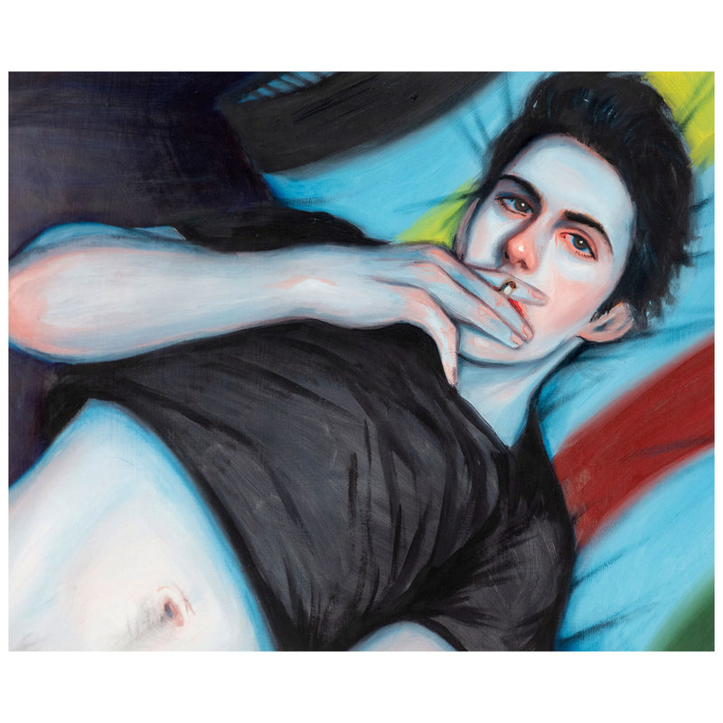 Kris Knight "Blue" Oil on paper, 2009. Pastel toned portrait featuring a contemplative reclining man.