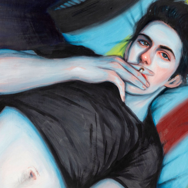 Kris Knight "Blue" Oil on paper, 2009. Pastel toned portrait featuring a contemplative reclining man.