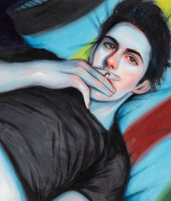 Kris Knight "Blue" Oil on paper, 2009. Pastel toned portrait featuring a contemplative reclining man.