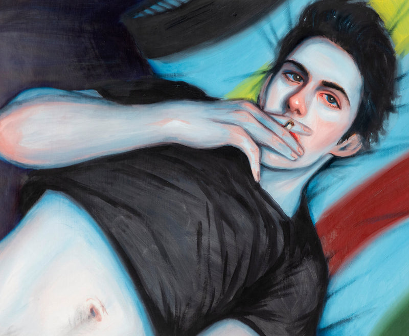 Kris Knight "Blue" Oil on paper, 2009. Pastel toned portrait featuring a contemplative reclining man.