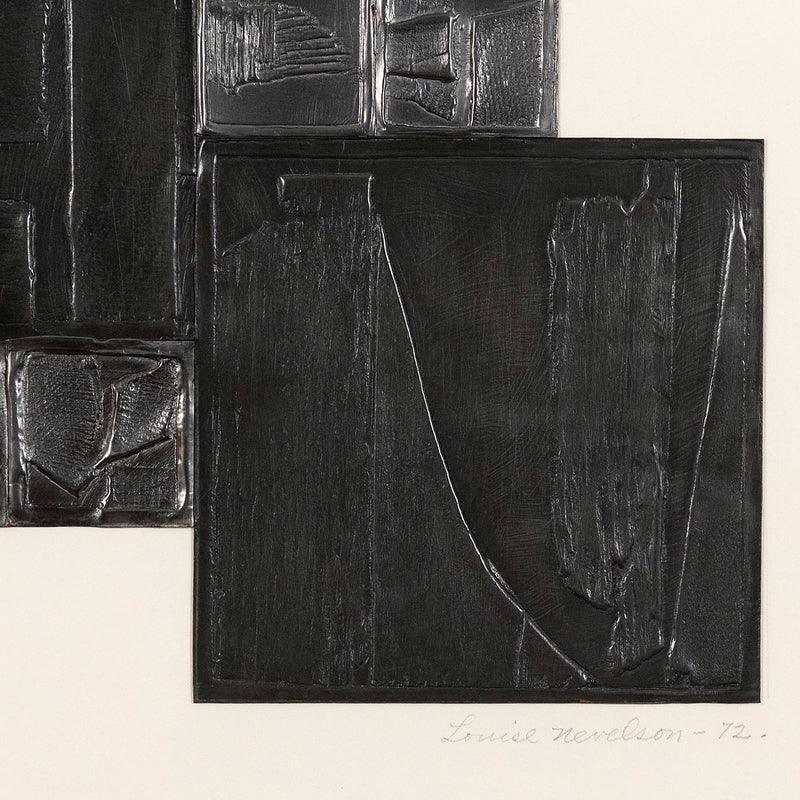 In 1972, famous woman artist Louise Nevelson creates a suite of six prints for her Lead Intaglio series. The works in this series feature thin, embossed lead plates on CM Fabriano paper.