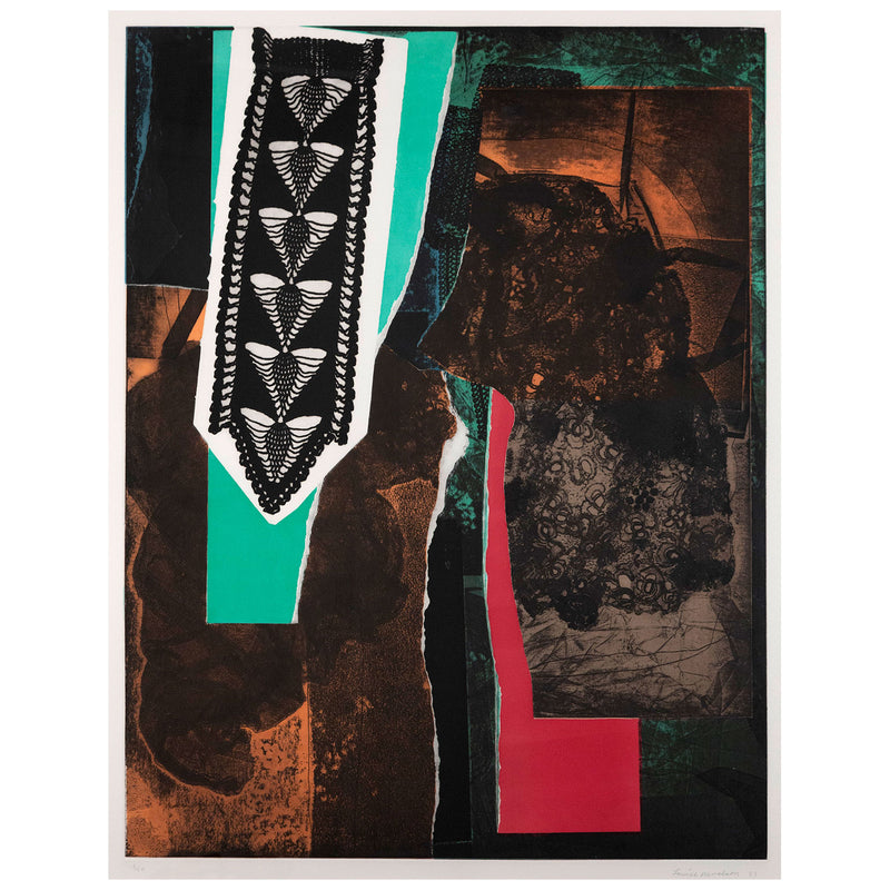 Bold abstract expressionist art with vibrant colors. Artwork by prolific printmaker Louise Nevelson. "Reflections V" Etching and aquatint, 1983.