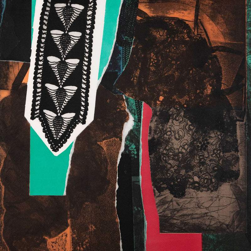 Detail image of collage-like details and bold colors. Louise Nevelson "Reflections V" Etching and aquatint from her 1983 portfolio "Reflections I-V"
